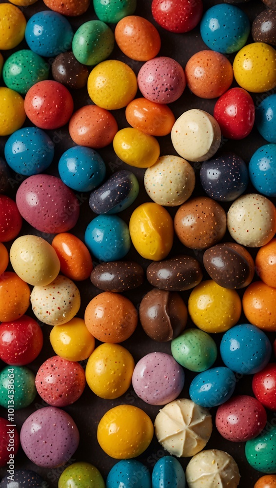Stack of colorful candies and chocolates on a geometric background. Stack of colorful candies and chocolates on a geometric background.