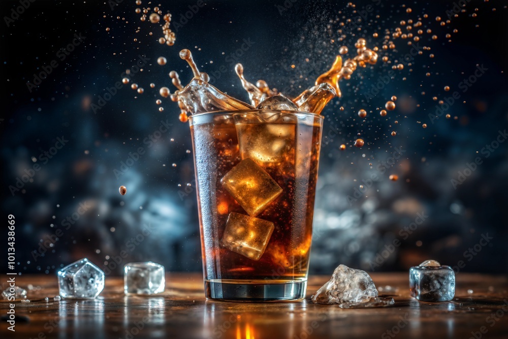 Ice cold cola with splashing ice cubes for refreshing beverage Ice cold cola with splashing ice cubes for refreshing beverage