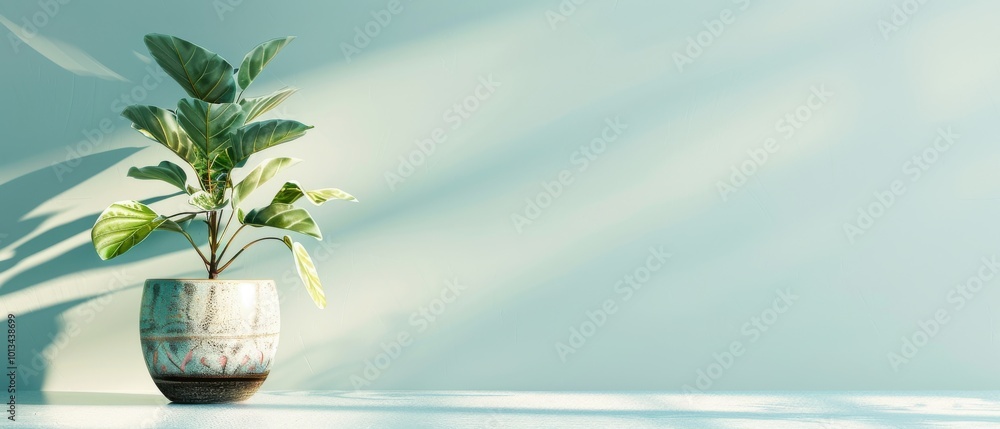 A potted plant sits on a table in front of a wall A potted plant sits on a table in front of a wall