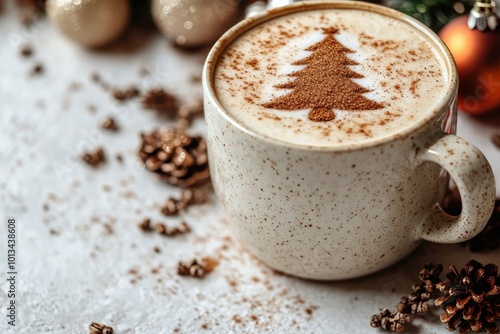 Cozy coffee cup topped with Christmas tree design surrounded by holiday decorations