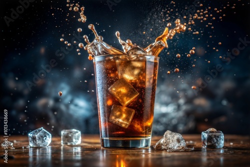 Ice cold cola with splashing ice cubes for refreshing beverage