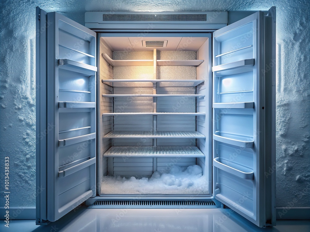 Frosted and icy buildup coats the empty, dimly lit freezer walls and shelves, with a thin layer of frost and ice crystals forming a serene, frozen landscape. Frosted and icy buildup coats the empty, dimly lit freezer walls and shelves, with a thin layer of frost and ice crystals forming a serene, frozen landscape.