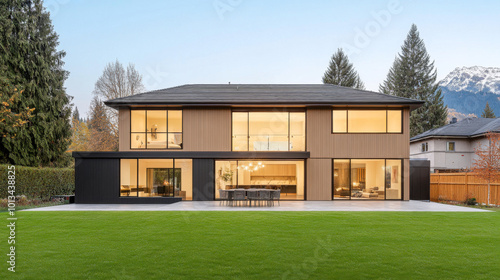 Modern two-story house showcasing large windows and a spacious backyard with mountain views