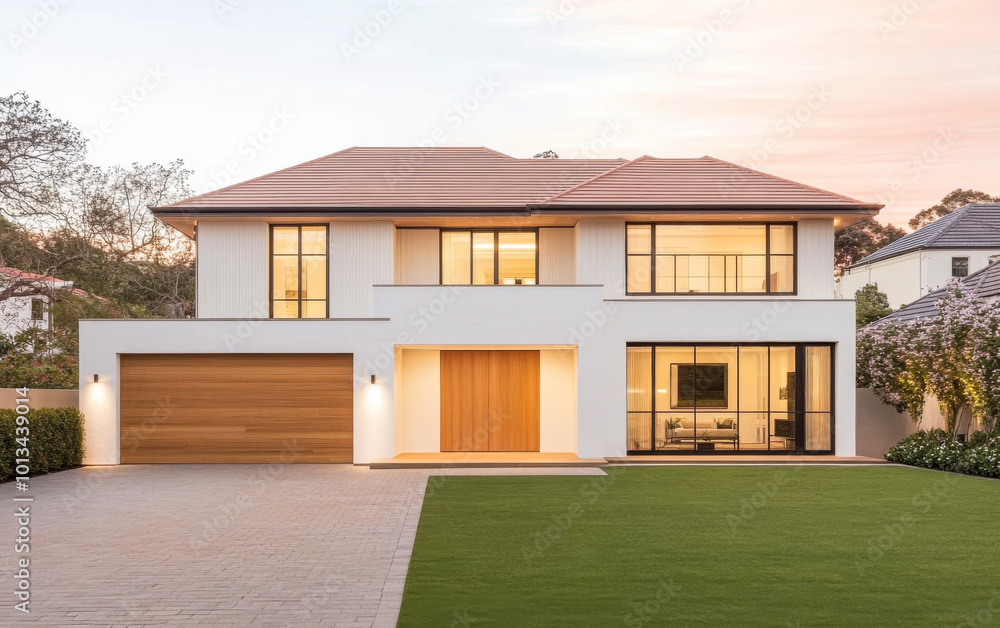 Modern two-story house with large windows and landscaped yard at sunset Modern two-story house with large windows and landscaped yard at sunset