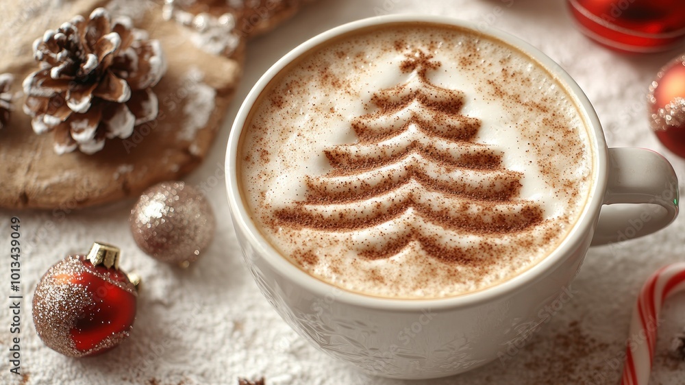 A beautifully crafted latte with a Christmas tree design, surrounded by holiday ornaments A beautifully crafted latte with a Christmas tree design, surrounded by holiday ornaments
