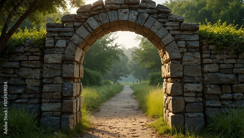 Stone gate in a serene landscape.