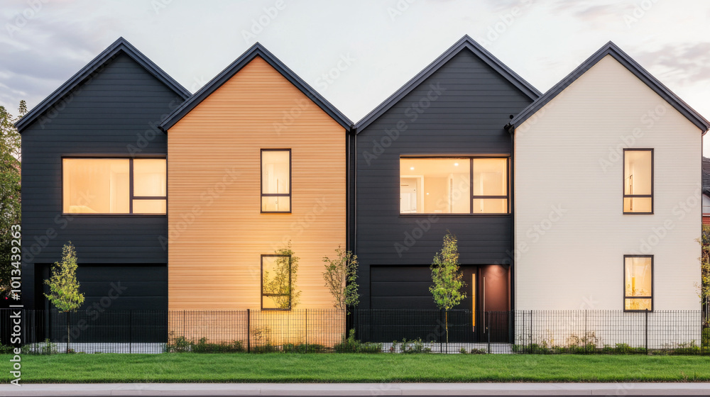 Modern residential houses in a row with distinct colors and landscaping during dusk Modern residential houses in a row with distinct colors and landscaping during dusk