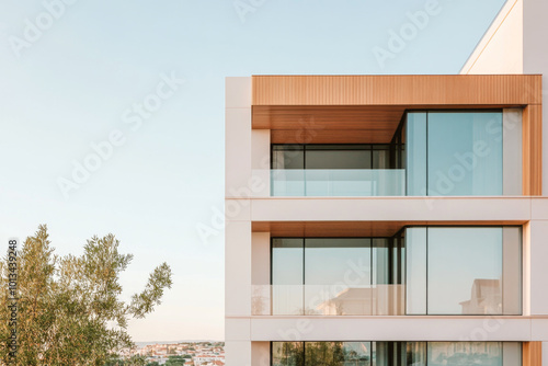 Modern architectural design featuring glass balconies in a sunny urban setting