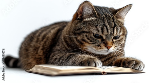 A playful tabby cat explores an open book, showcasing its curious nature and focus photo