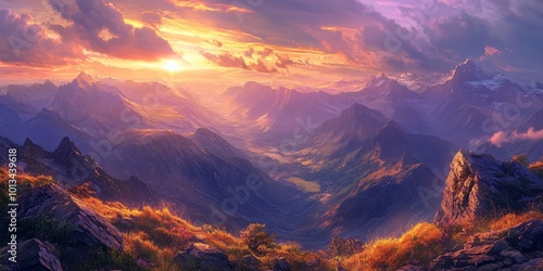 Majestic mountain range at sunset with a valley below and a bright sky.