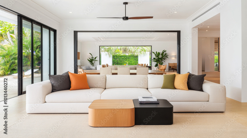 Modern living room with stylish sofa and minimalistic design overlooking a lush outdoor space Modern living room with stylish sofa and minimalistic design overlooking a lush outdoor space