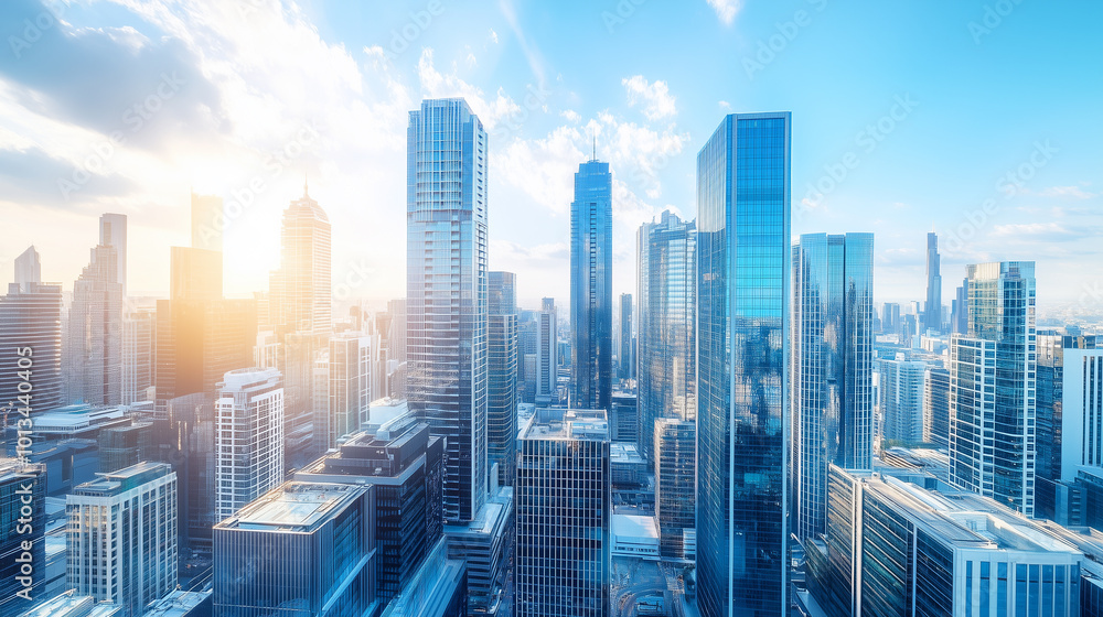 Obraz premium Aerial View of City Skyline and High-Rise Buildings Under Blue Sky and White Clouds