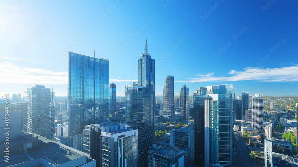 Fototapeta premium Aerial View of City Skyline and High-Rise Buildings Under Blue Sky and White Clouds