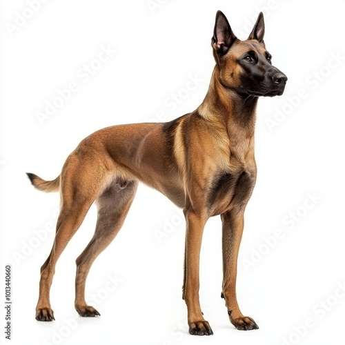 Belgian Malinois stands tall, displaying its athletic build and attentive demeanor, exuding confidence and readiness in a pristine white setting isolated on white background.