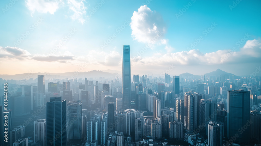 Fototapeta premium City Skyline and Skyscrapers Under Blue Sky and White Clouds Aerial View