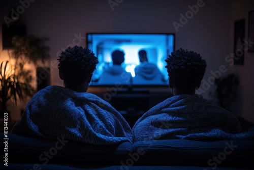 Two African American boys watching TV in a dimly lit room photo