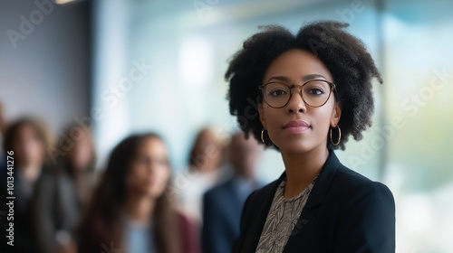 Confident and Determined Young Professional Woman Wearing Glasses and a Suit Stands Out from the Busy Crowd with Style