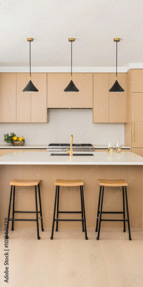 The sleek kitchen showcases wooden cabinetry and a spacious island with three elegant stools The sleek kitchen showcases wooden cabinetry and a spacious island with three elegant stools