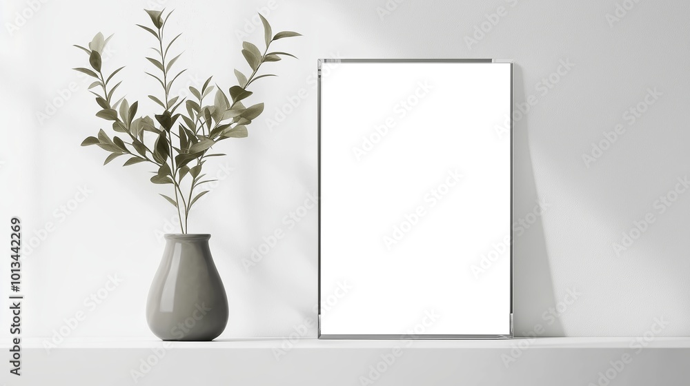 A Beautifully Minimalistic Composition Featuring a Green Plant in a Stylish Vase and a Blank Frame on a White Background A Beautifully Minimalistic Composition Featuring a Green Plant in a Stylish Vase and a Blank Frame on a White Background