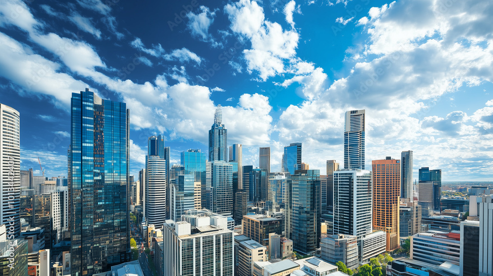 Fototapeta premium City Skyline and Skyscrapers Under Blue Sky and White Clouds Aerial View