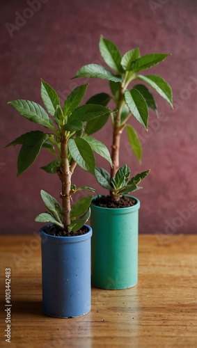 Three small plants in colorful tubes symbolizing growth and progress.