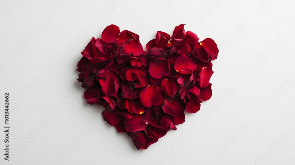 A Beautiful Arrangement of Red Rose Petals Forming a Heart Shape on a Soft White Background, Symbolizing Love A Beautiful Arrangement of Red Rose Petals Forming a Heart Shape on a Soft White Background, Symbolizing Love