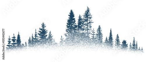 The forest in the fog, imitation of a pencil drawing, vector sketch, isolated on a white background