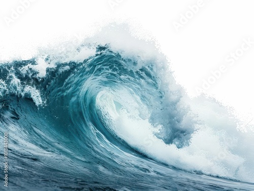 majestic ocean wave cresting in crystalline turquoise, white foam spraying dramatically against azure sky, frozen moment of raw power isolated on stark white photo