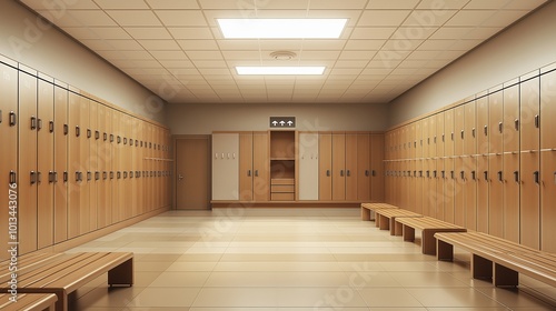 Rows of empty wooden lockers in a retro styled changing room with tiled floors and benches for comfort and convenience for users