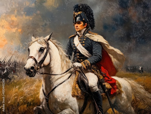 majestic portrait of napoleon bonaparte on horseback, regal pose, dramatic lighting, historic battlefield background, detailed period costume, oil painting style