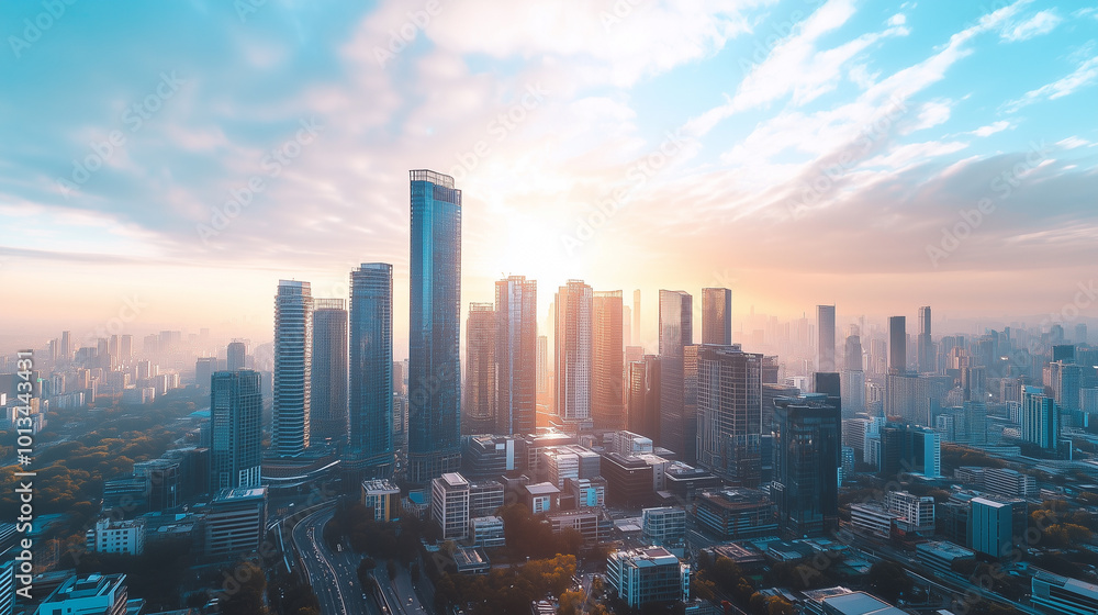 Obraz premium City Skyline and Skyscrapers Under Blue Sky and White Clouds Aerial View