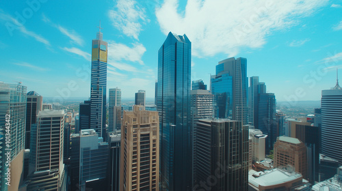 City Skyline and Skyscrapers Under Blue Sky and White Clouds Aerial View