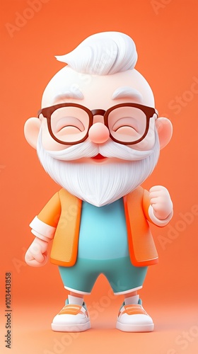 Cheerful 3D cartoon character with a white beard and glasses, wearing a orange jacket and blue pants. He is smiling and giving a thumbs up.