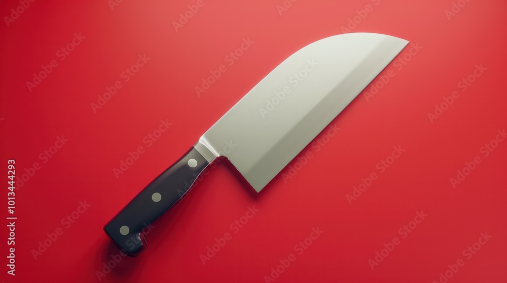Close up of a sharp stainless steel kitchen knife against a bold red background showcasing the precision and of professional culinary tools Close up of a sharp stainless steel kitchen knife against a bold red background showcasing the precision and of professional culinary tools