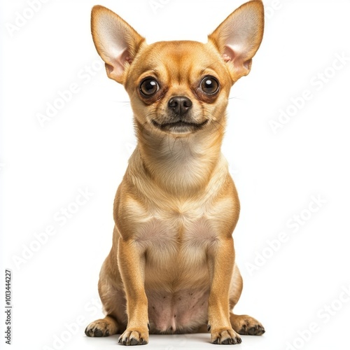 delightful Chihuahua sits quietly, its large eyes sparkling with curiosity and mischief. The small dog radiates charm and personality while enveloped in a minimalist backdrop.