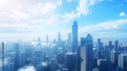 City Skyline and Skyscrapers Under Blue Sky and White Clouds Aerial View