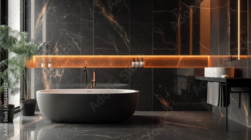 A beautifully designed bathroom showcasing a minimalist washbasin, premium toiletries, and sleek fixtures in a luxurious setting with a realistic background