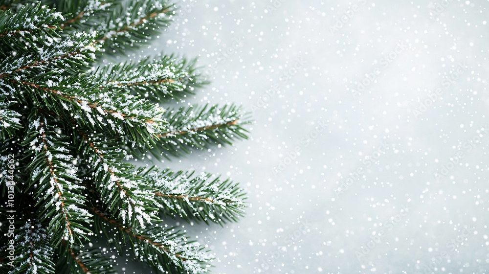 A frosty evergreen branch dusted with snow, set against a soft, snowy background, evoking a serene winter ambiance. A frosty evergreen branch dusted with snow, set against a soft, snowy background, evoking a serene winter ambiance.