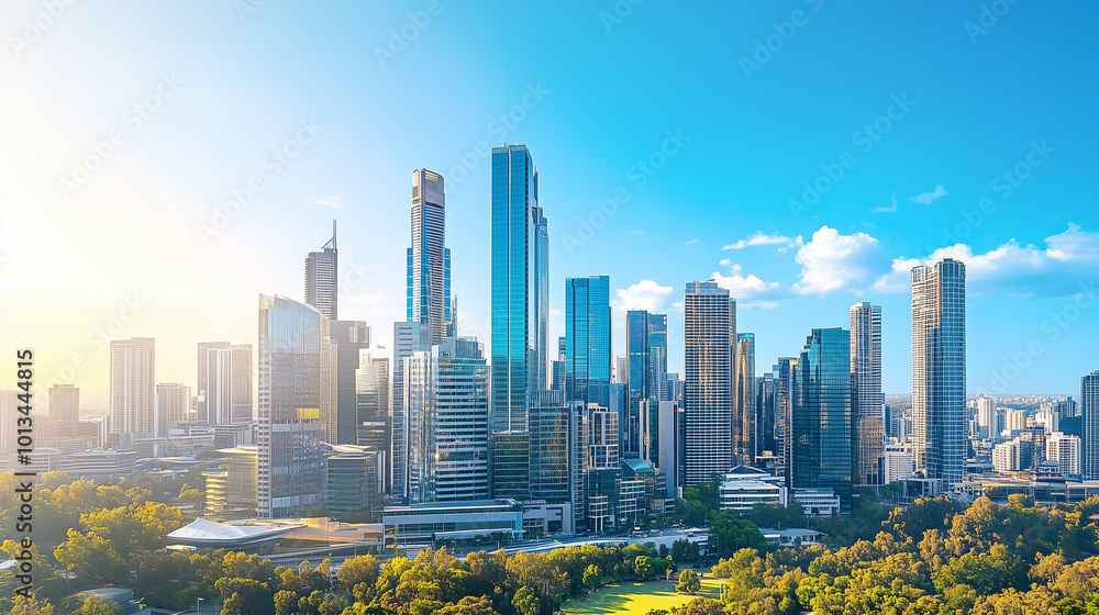 Fototapeta premium City Skyline and Skyscrapers Under Blue Sky and White Clouds Aerial View