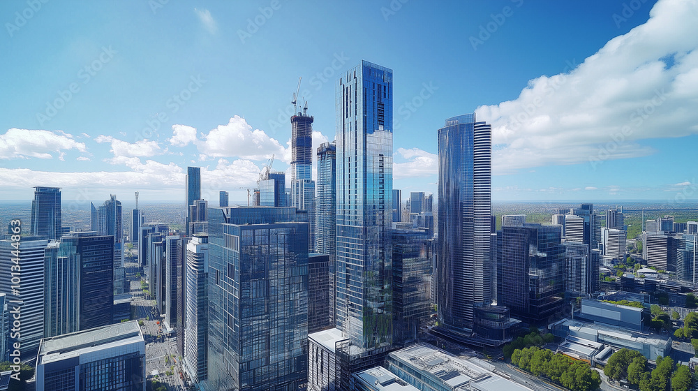 Fototapeta premium City Skyline and Skyscrapers Under Blue Sky and White Clouds Aerial View