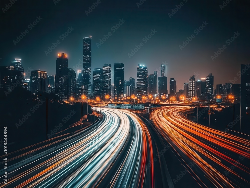 mesmerizing long-exposure capture of a busy urban highway at dusk. streaking lights from vehicles paint light trails against a glowing city skyline. mesmerizing long-exposure capture of a busy urban highway at dusk. streaking lights from vehicles paint light trails against a glowing city skyline.