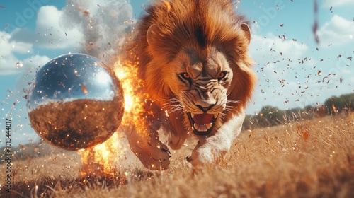 Cinematic Lion Chasing Exploding Fireball in Motion Blur. High-Resolution Detailed Photo with Golden Hour Lighting