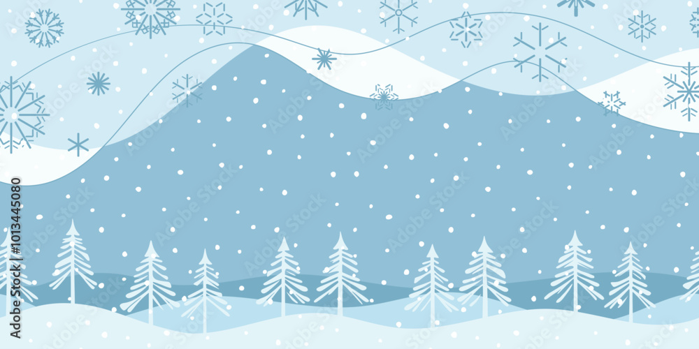 Minimalistic winter landscape, cartoon nature, forest and falling snow, clouds and snowflakes, vector illustration Minimalistic winter landscape, cartoon nature, forest and falling snow, clouds and snowflakes, vector illustration