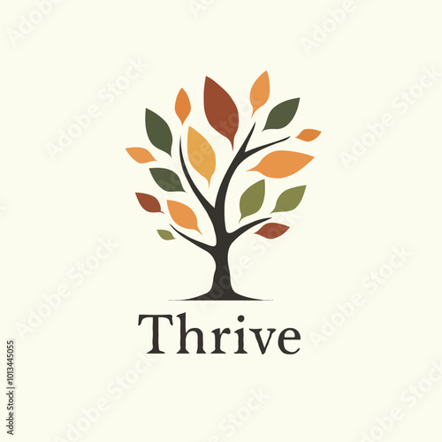 Ein stilisierter Baum mit bunten Blättern und dem Schriftzug Thrive. Inklusion Schaubild.