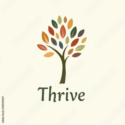 Ein stilisierter Baum mit bunten Blättern und dem Schriftzug Thrive. Inklusion Schaubild.