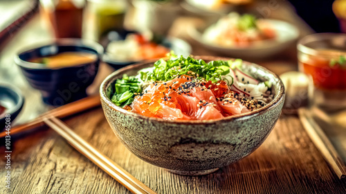 Delicious poke bowl with salmon and rice being served on restaurant table photo