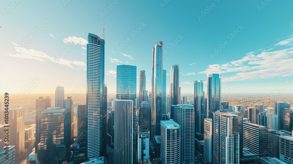 Obraz premium City Skyline and Skyscrapers Under Blue Sky and White Clouds Aerial View