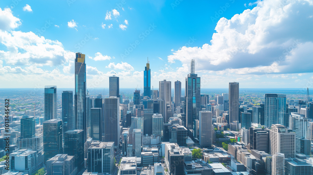 City Skyline and Skyscrapers Under Blue Sky and White Clouds Aerial View City Skyline and Skyscrapers Under Blue Sky and White Clouds Aerial View