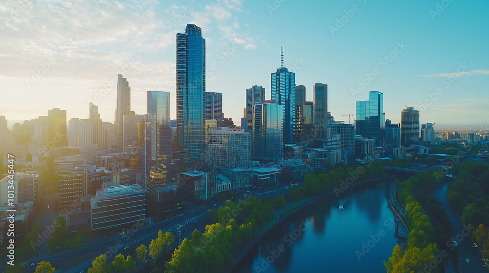 Obraz premium City Skyline and Skyscrapers Under Blue Sky and White Clouds Aerial View