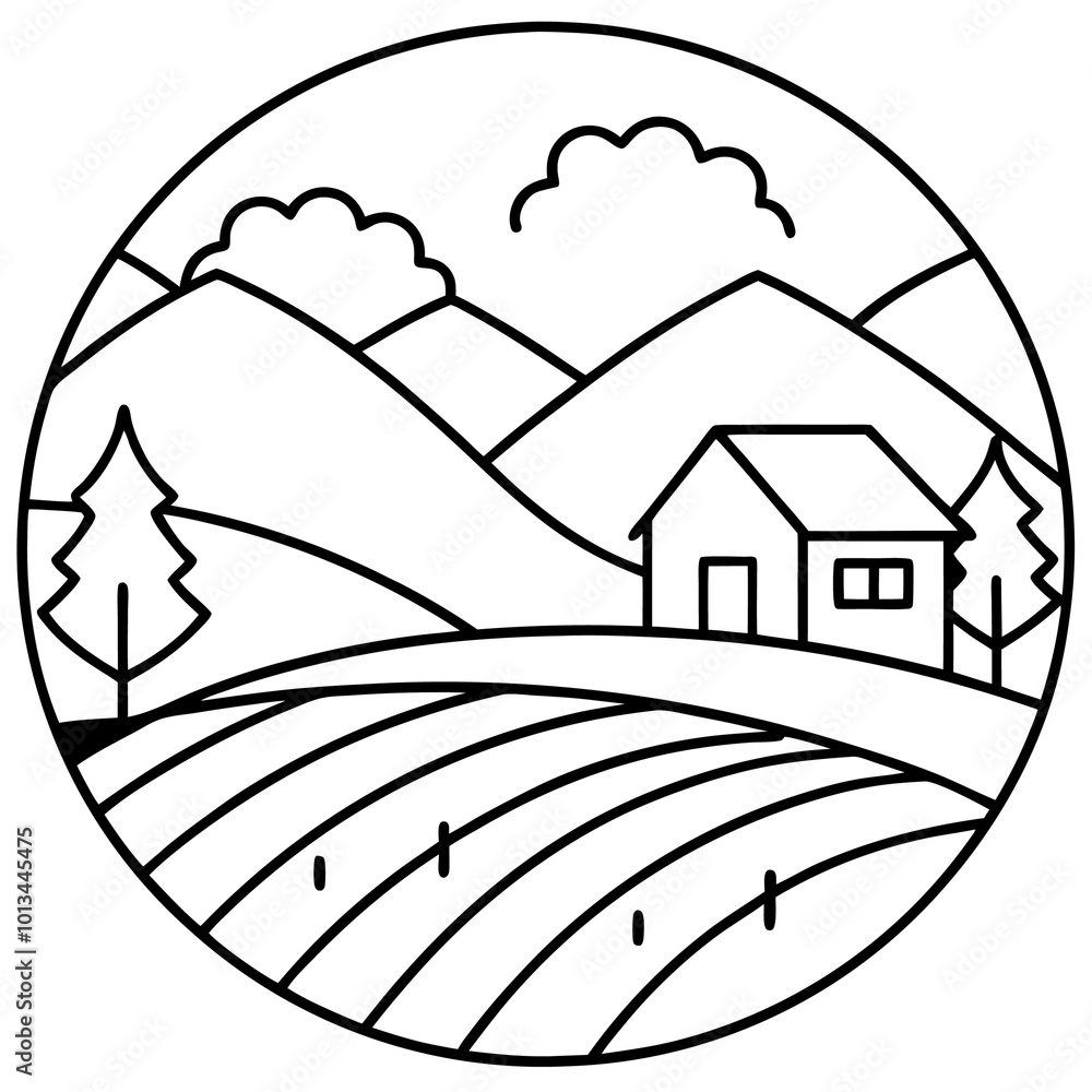 Naklejka premium rural landscape outline coloring book page line art drawing